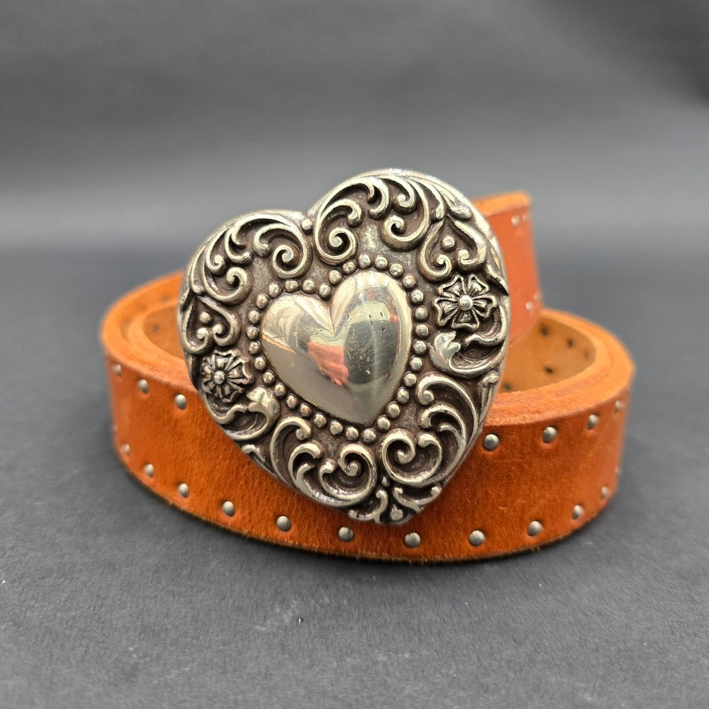Vintage Guess Leather Belt Heart Buckle Studded Cognac Brown Silver Western LG